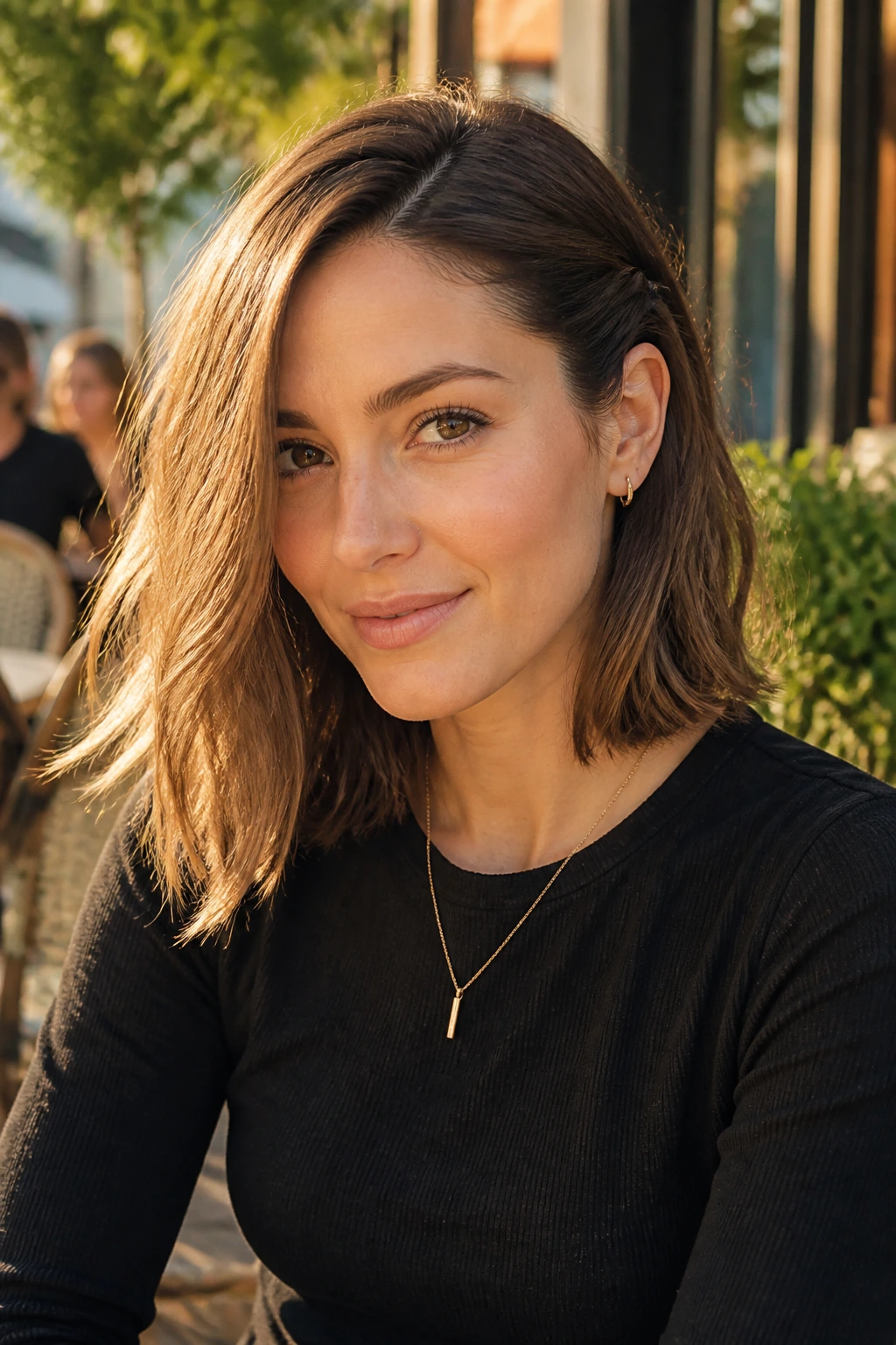Close-up of a real woman with off-center part and tucked side behind ear