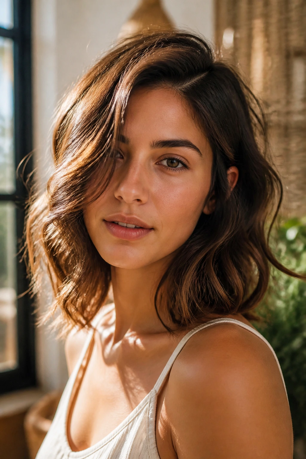 Real person with an off-center wave cut.
