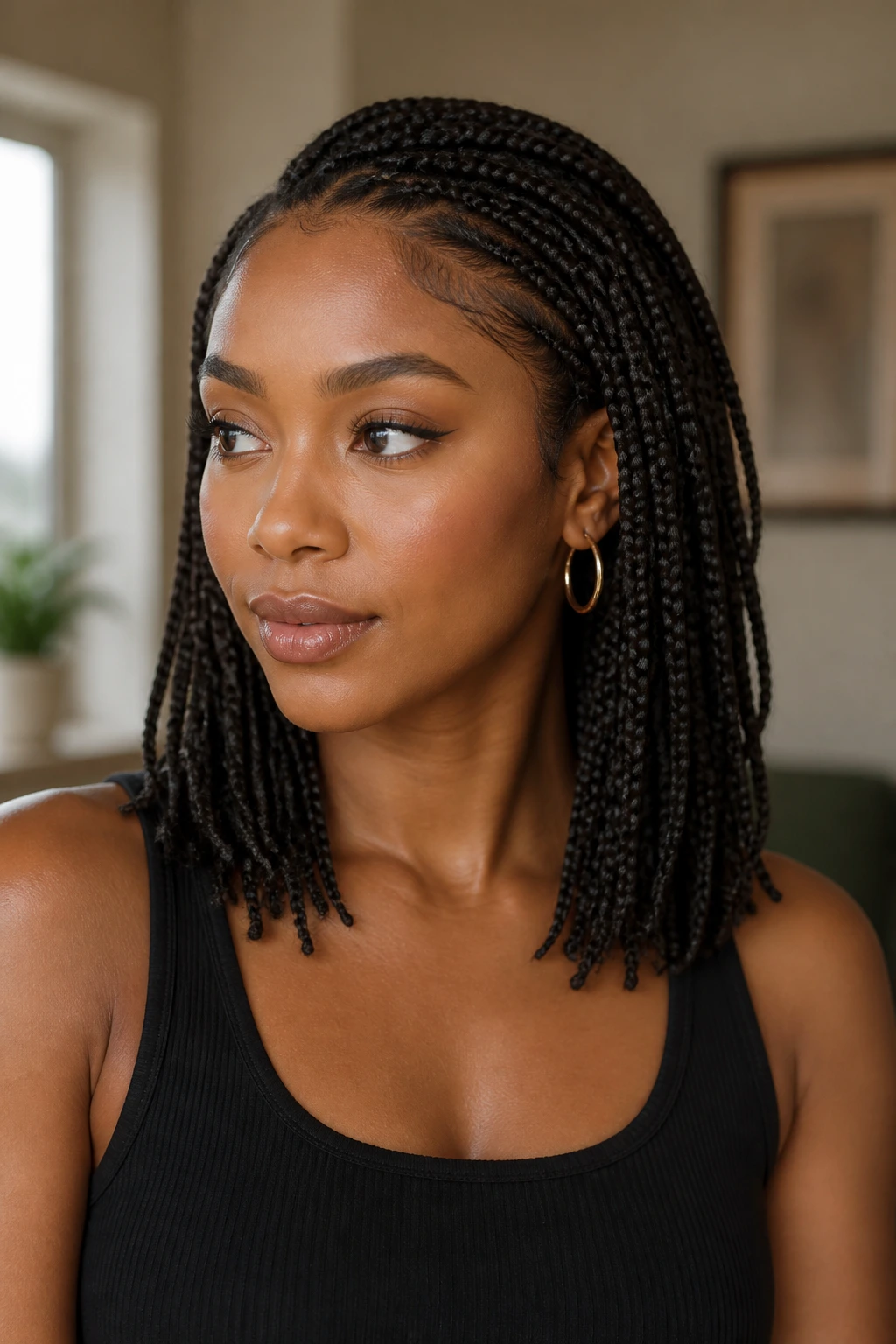 Close-up portrait of a real person with satin-sleek off-face braids