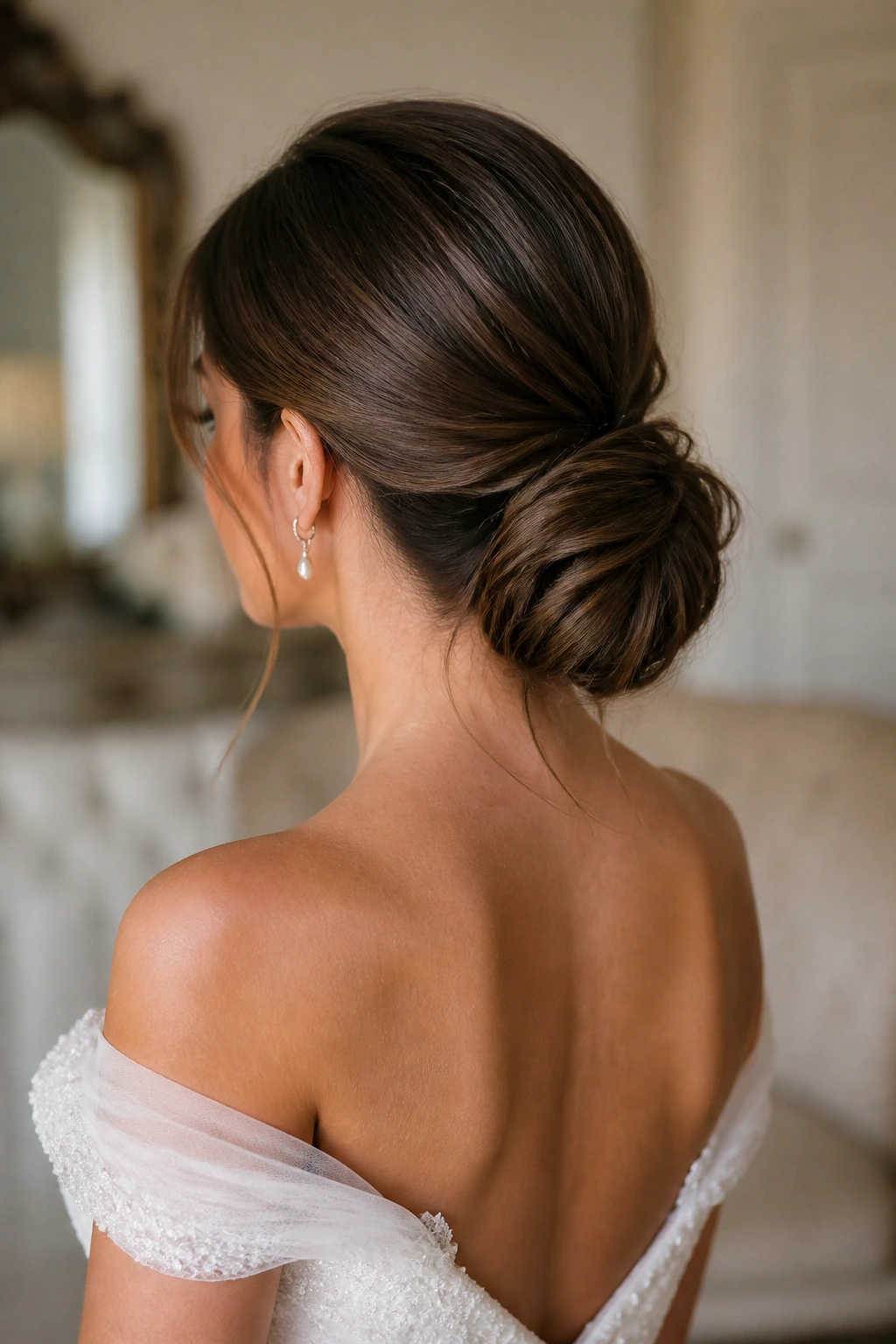 Back/side view of a bride in an off-the-shoulder gown with a low chignon.