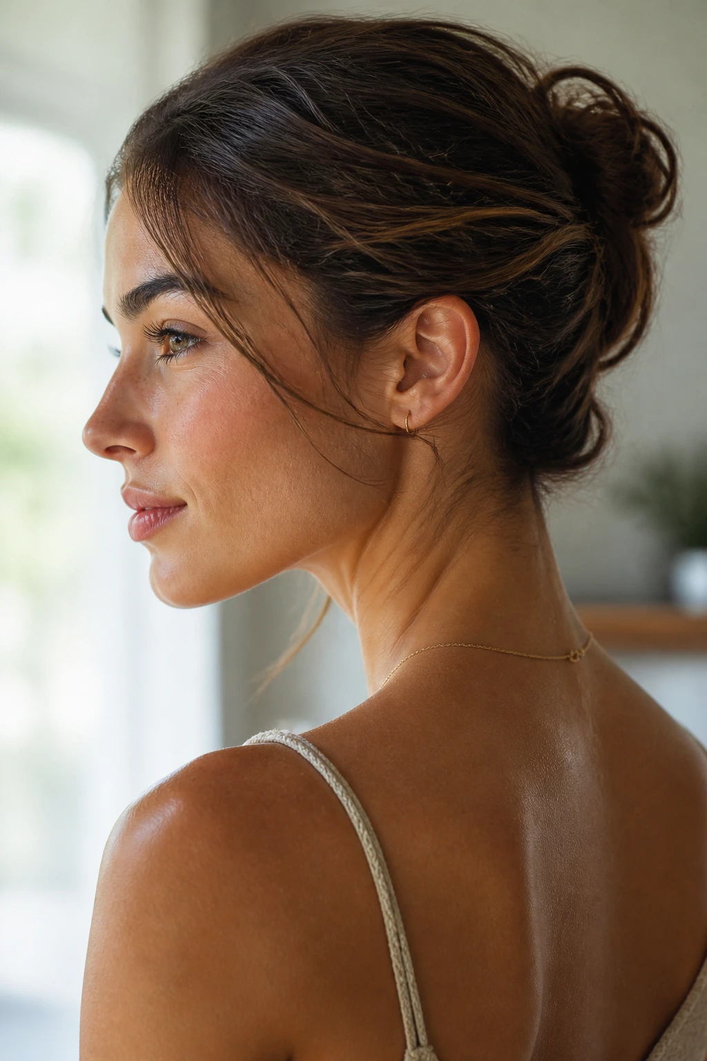 Close-up portrait of a real woman with an off-the-neck updo exposing the nape in soft window light