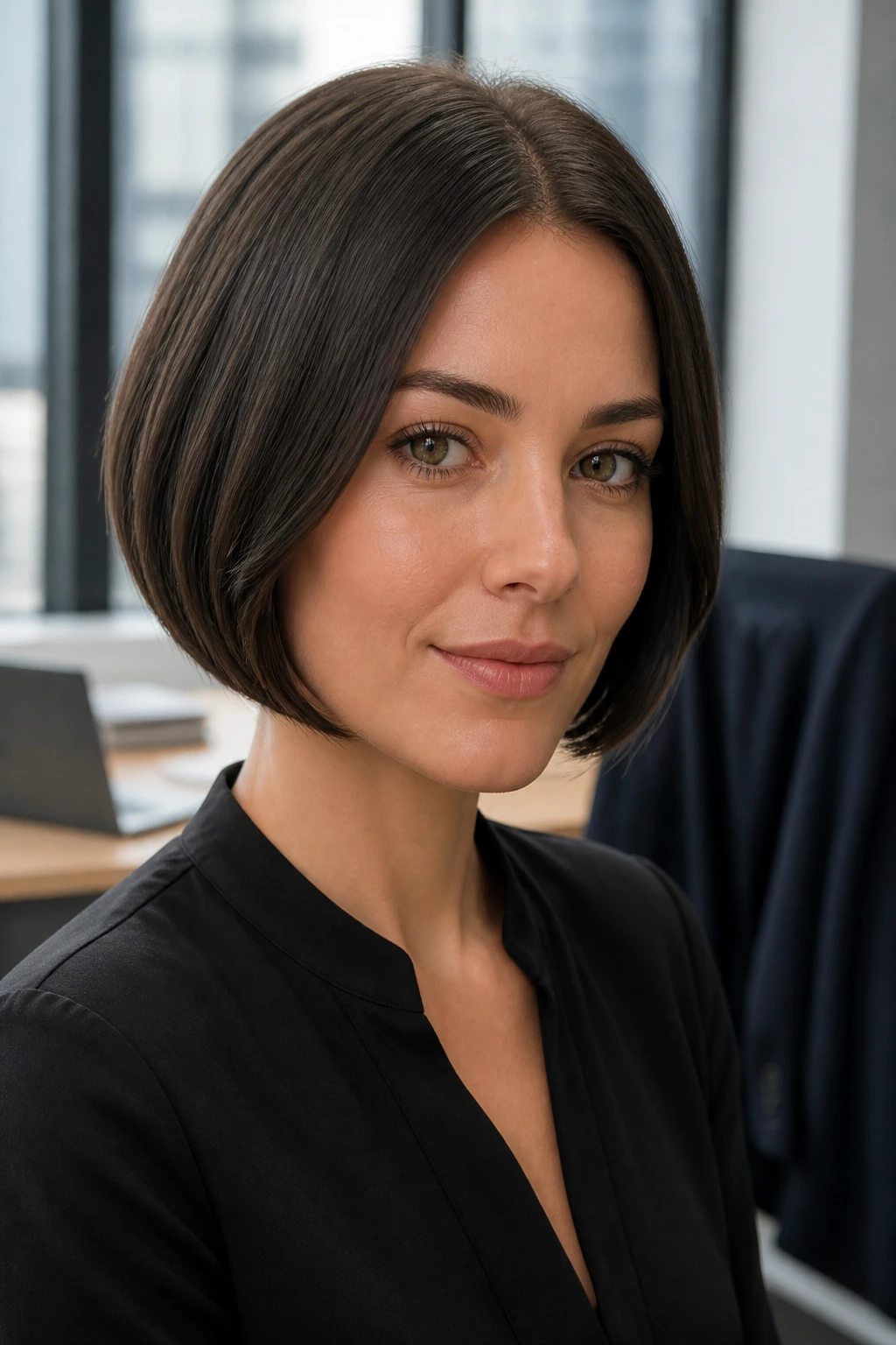Close-up of a woman with an office-polished bob in a softly lit office setting