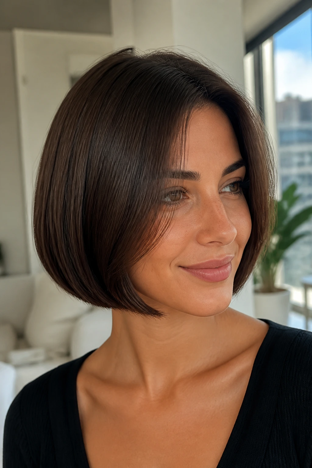 Portrait of a woman with a sleek office bob in a modern interior.