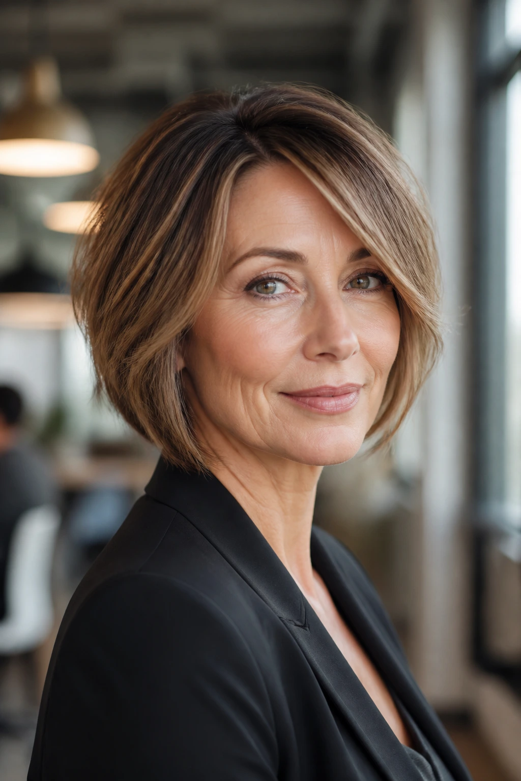 Real woman with polished office bob in bright office setting