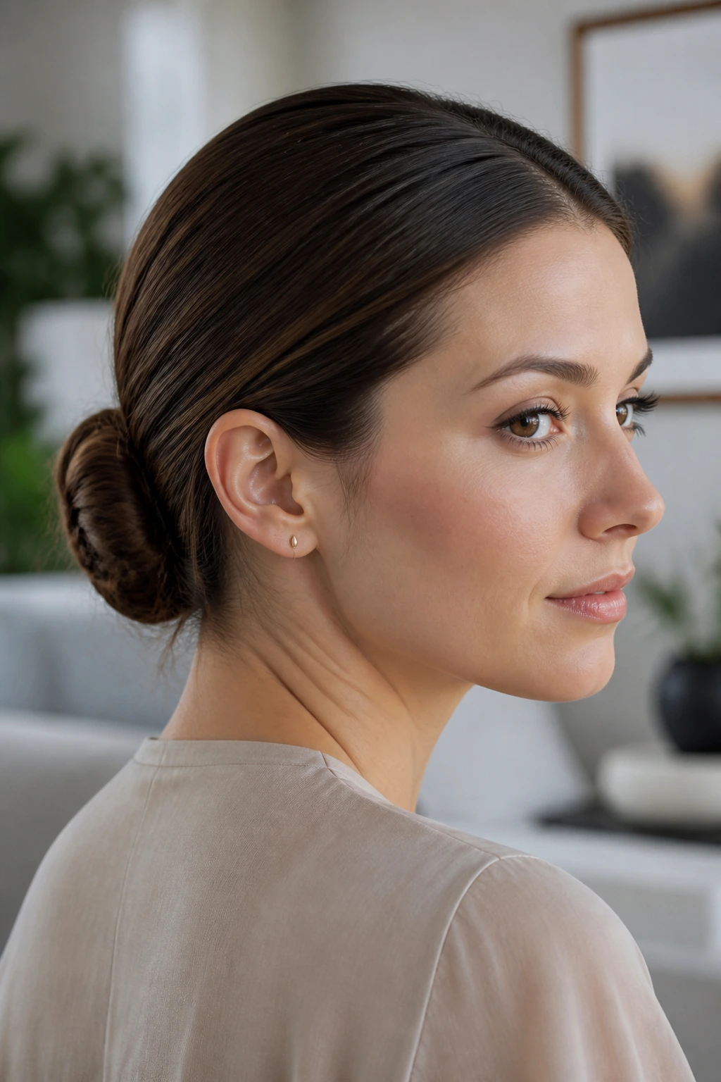 Close-up of a real person’s sleek low office bun showing variation in texture and shape