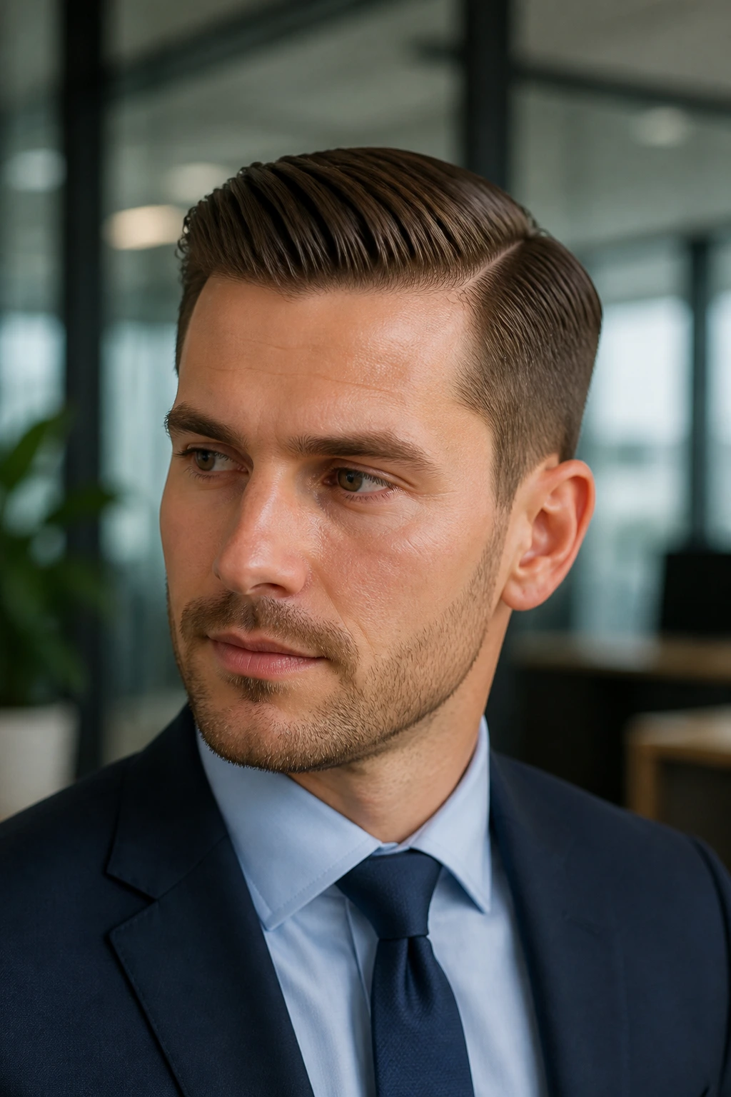 Male portrait with clean office comb over hairstyle under soft office lighting