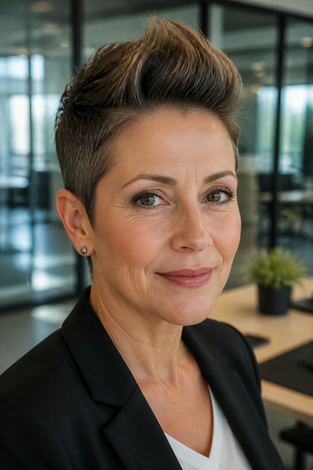 Close-up portrait of a real woman with a low-key office faux hawk.