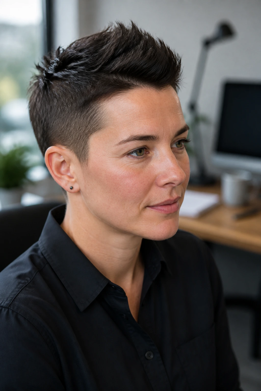 Portrait of a real person with a low-key office faux hawk in a professional office setting.