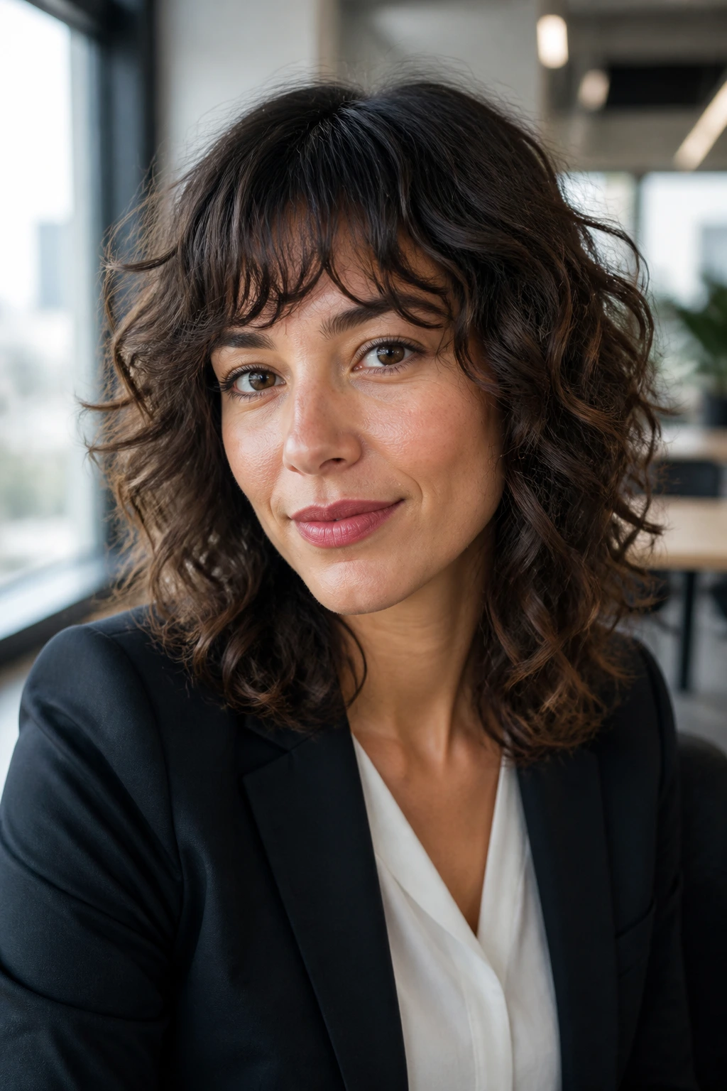 Close-up portrait of a real person with office-friendly curly shag haircut in an office