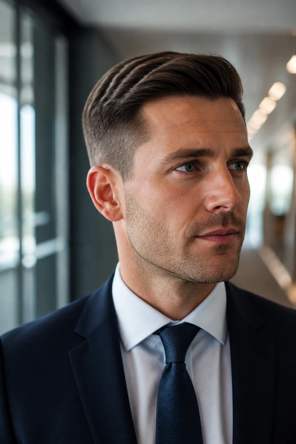 Close-up of a man with a neat office haircut in a corporate hallway