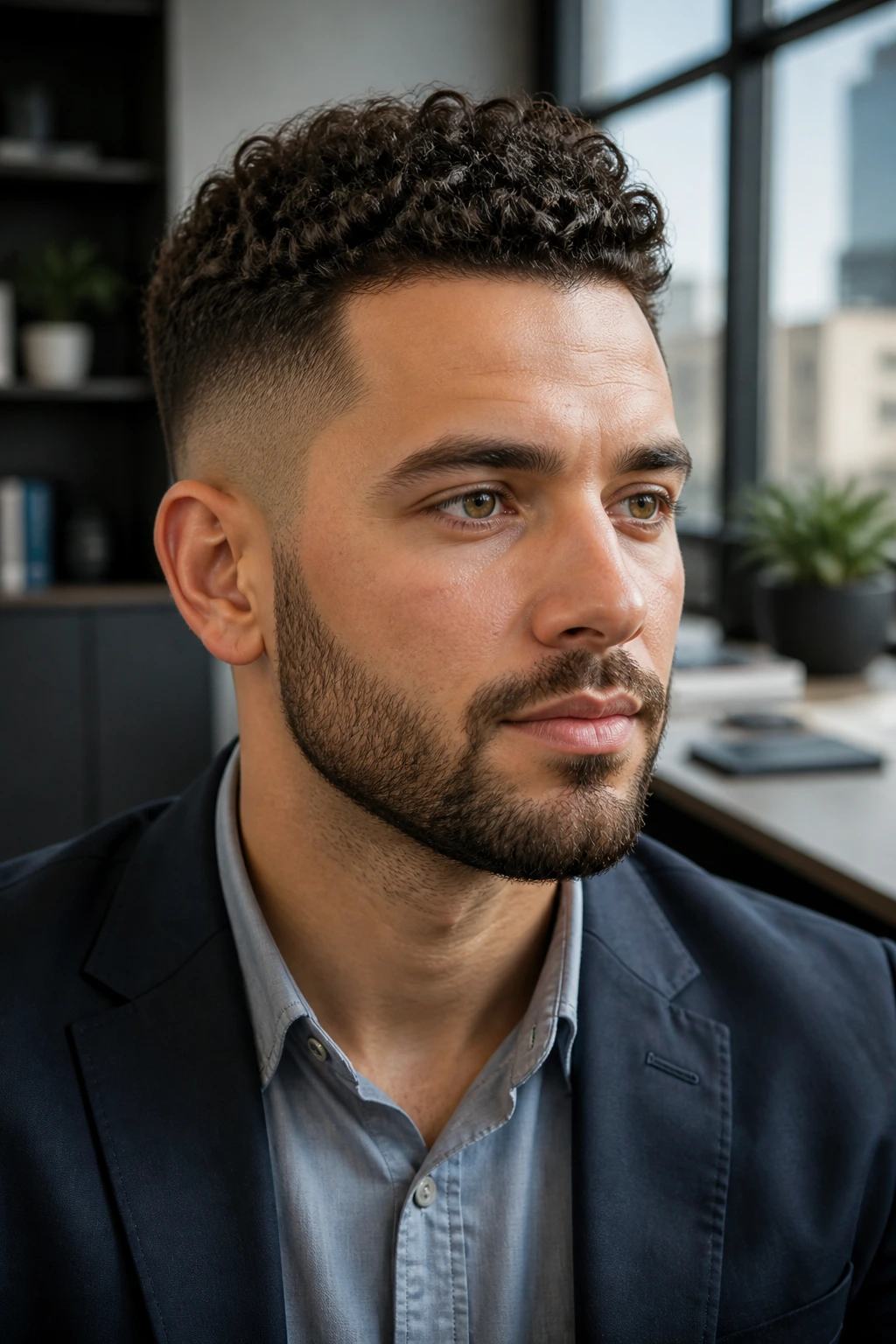Close-up of a real person with a low-key office faux hawk in an office setting