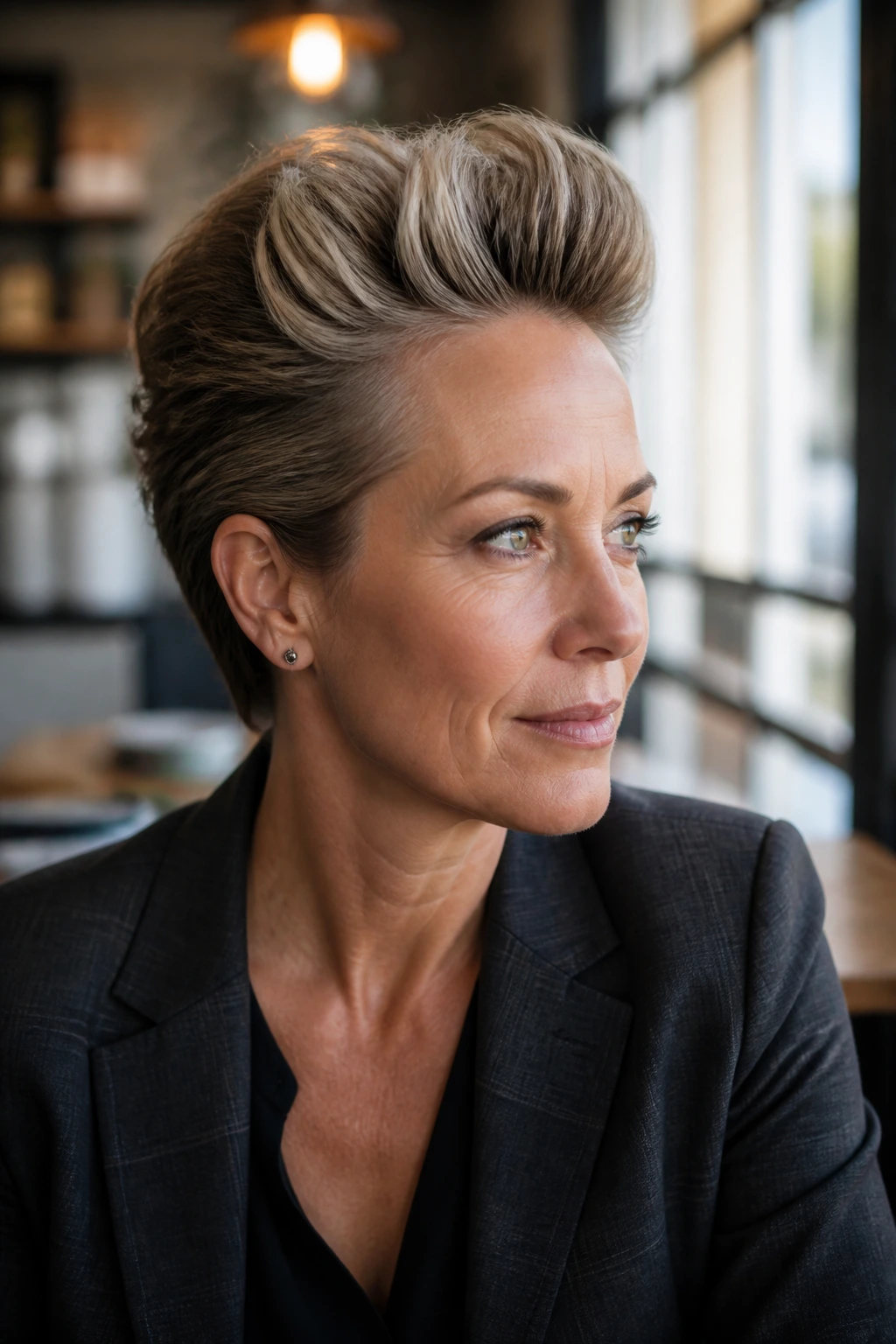 Close-up of real woman with Softer Office Hawk mohawk