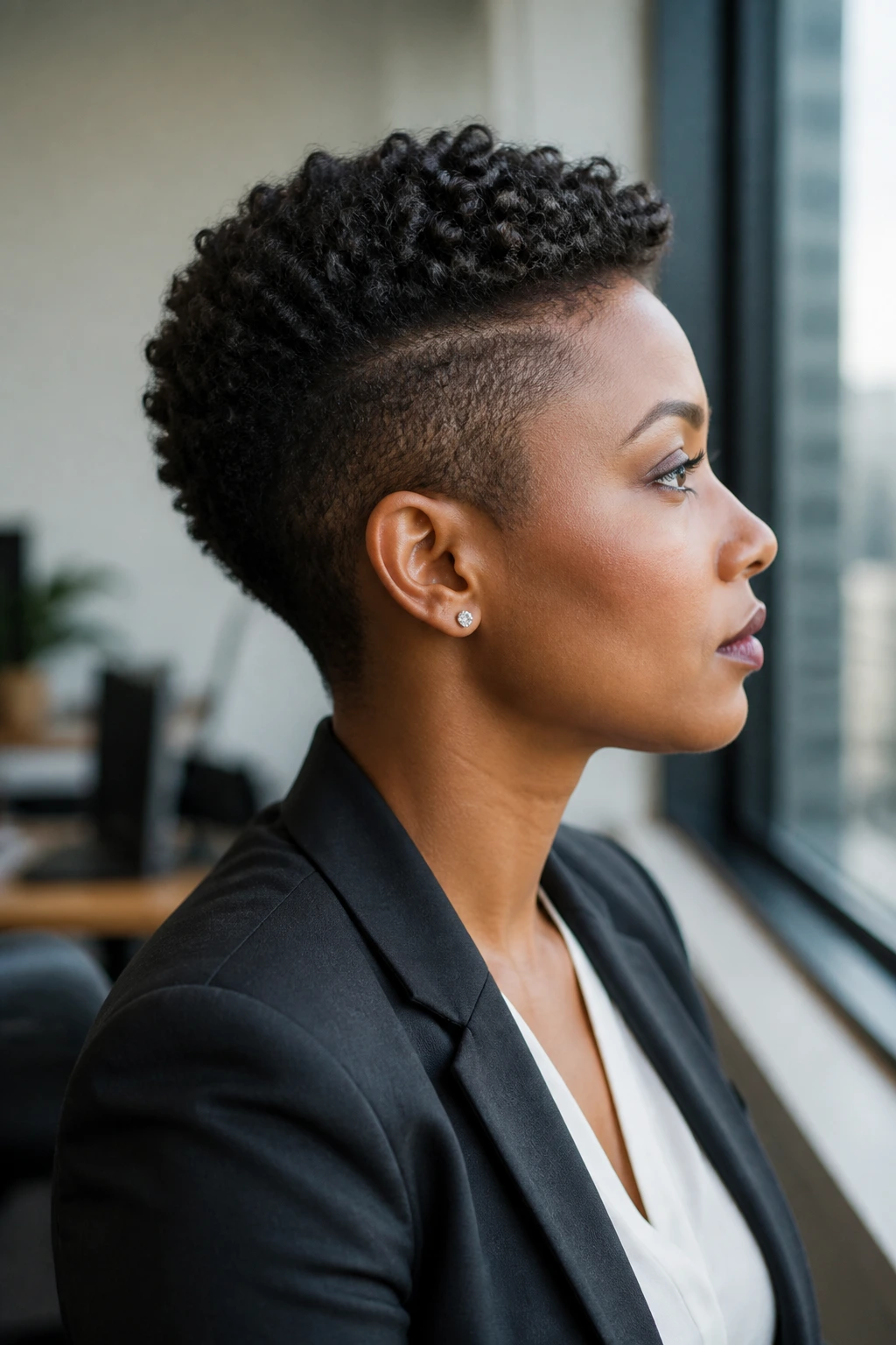 Person with a lower-profile office hawk mohawk side profile