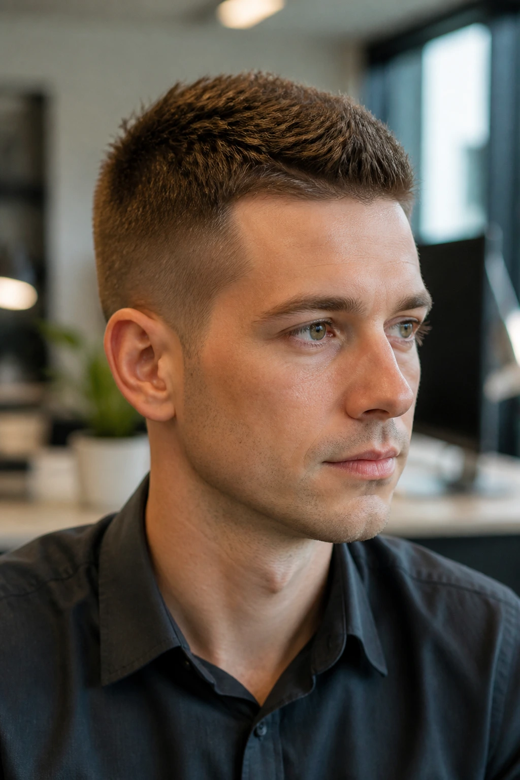 Close-up portrait of a real person with a low-hold office hawk and matte finish