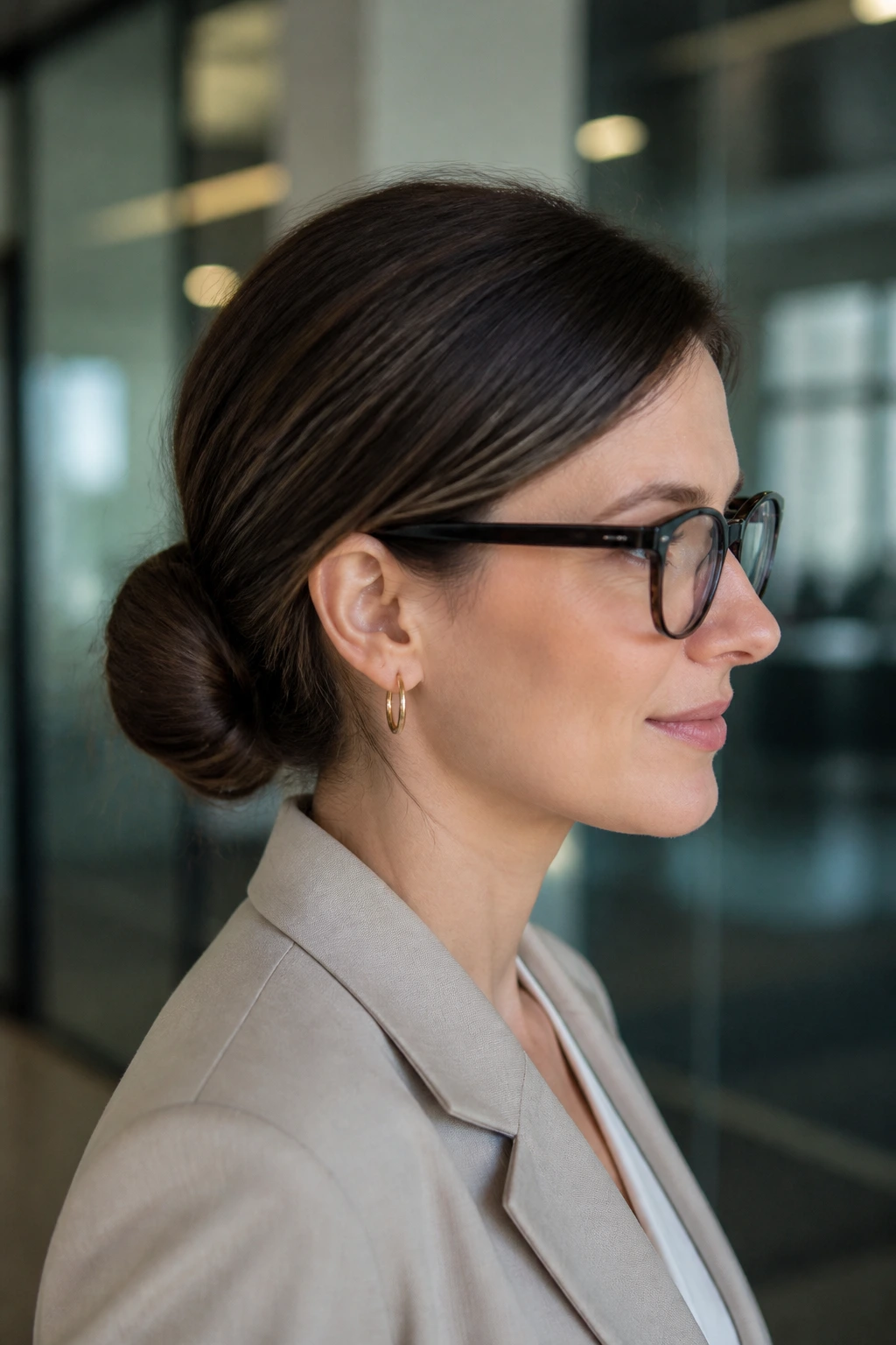 Professional portrait of a woman with an office-ready low bun