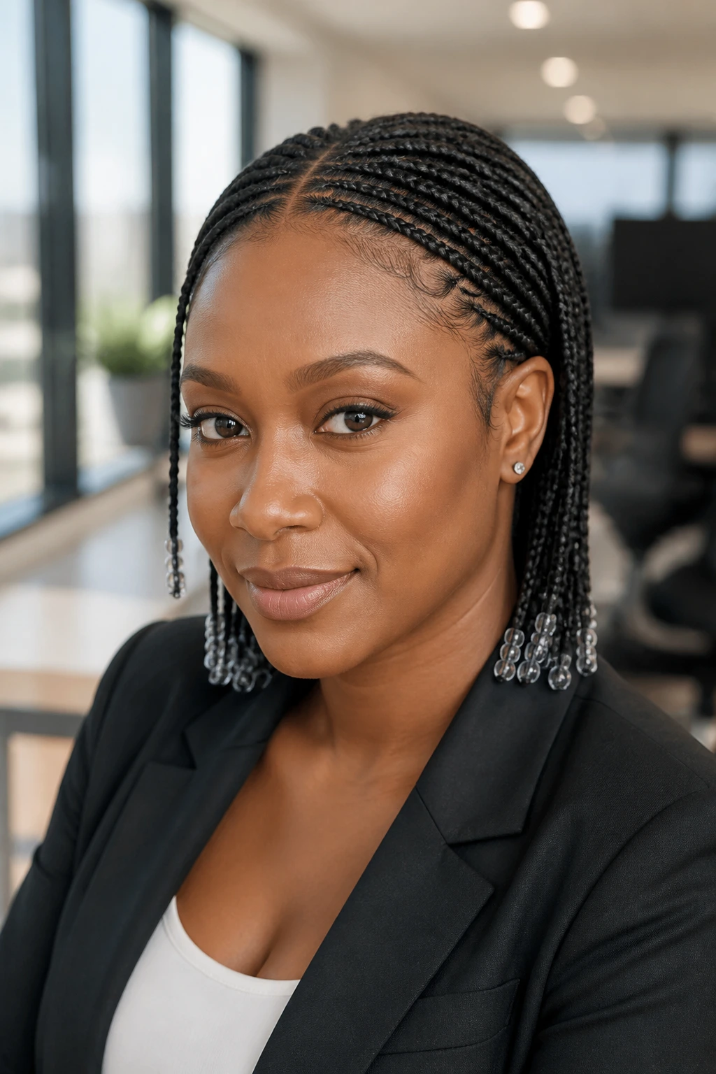 Close-up of office-sleek micro tribal braids on a real person