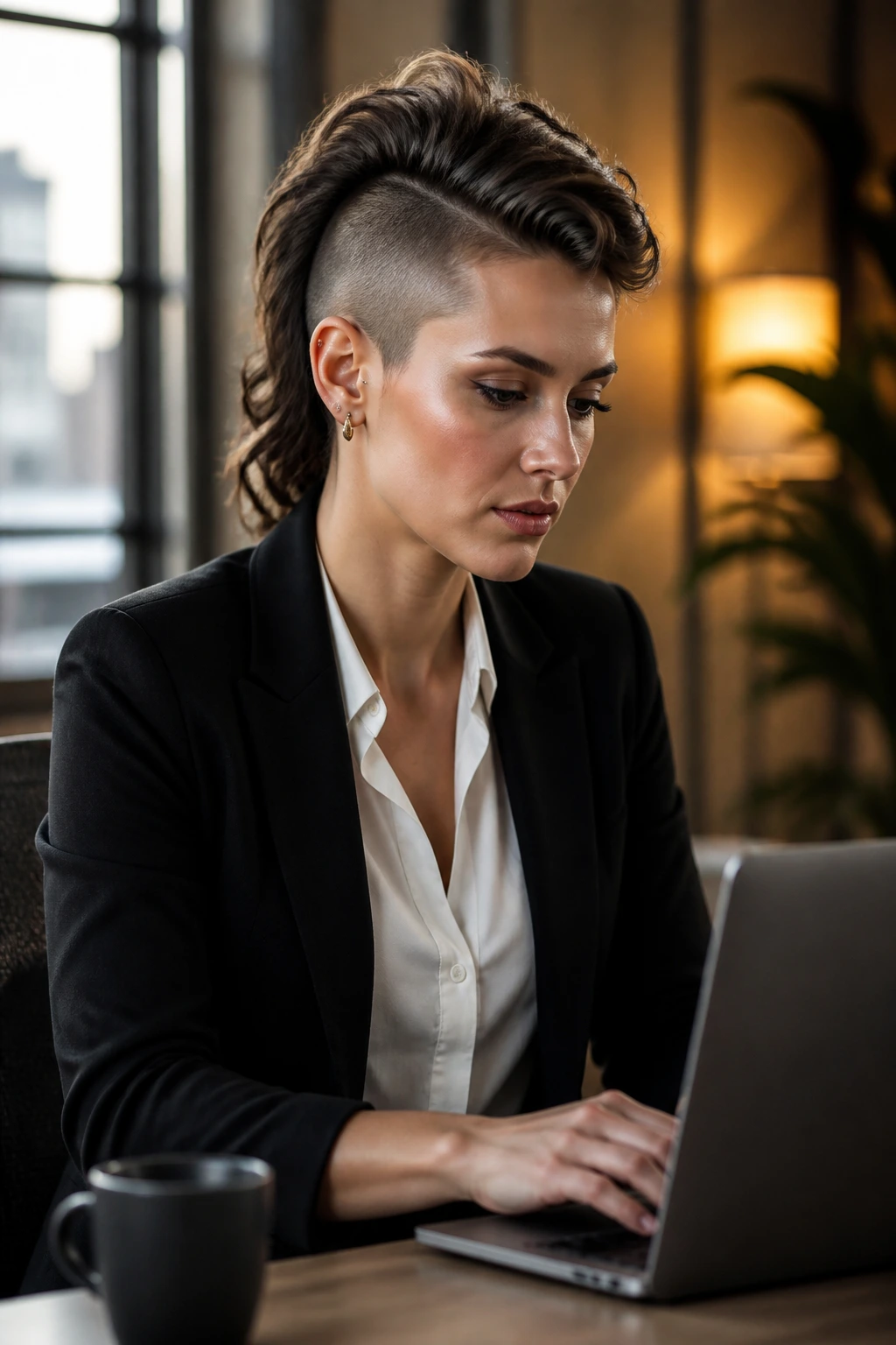 Bust portrait of a woman with a sleek mohawk in a professional setting.