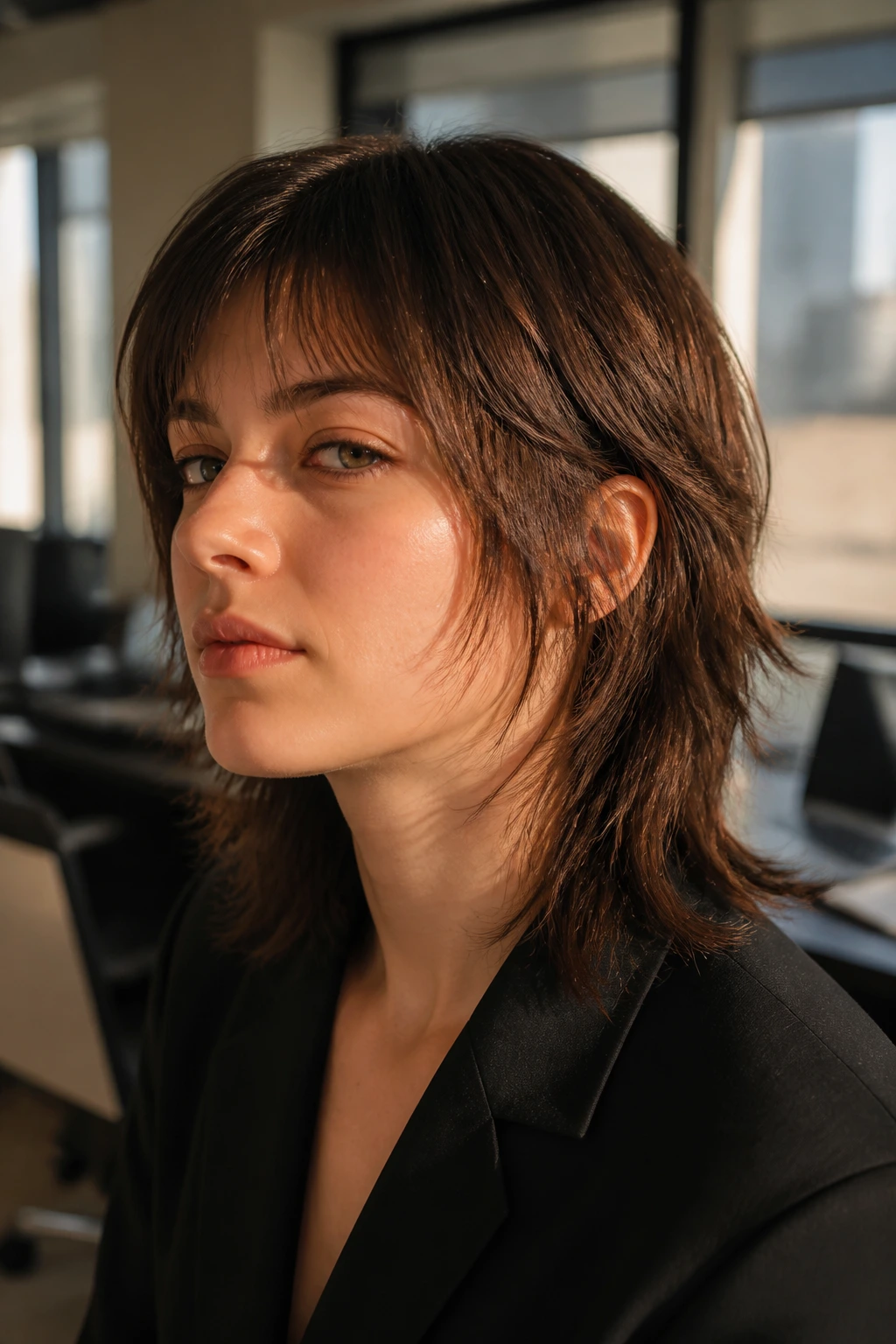 Close-up portrait of a real person with a soft office mullet, subtle layers, warm office light