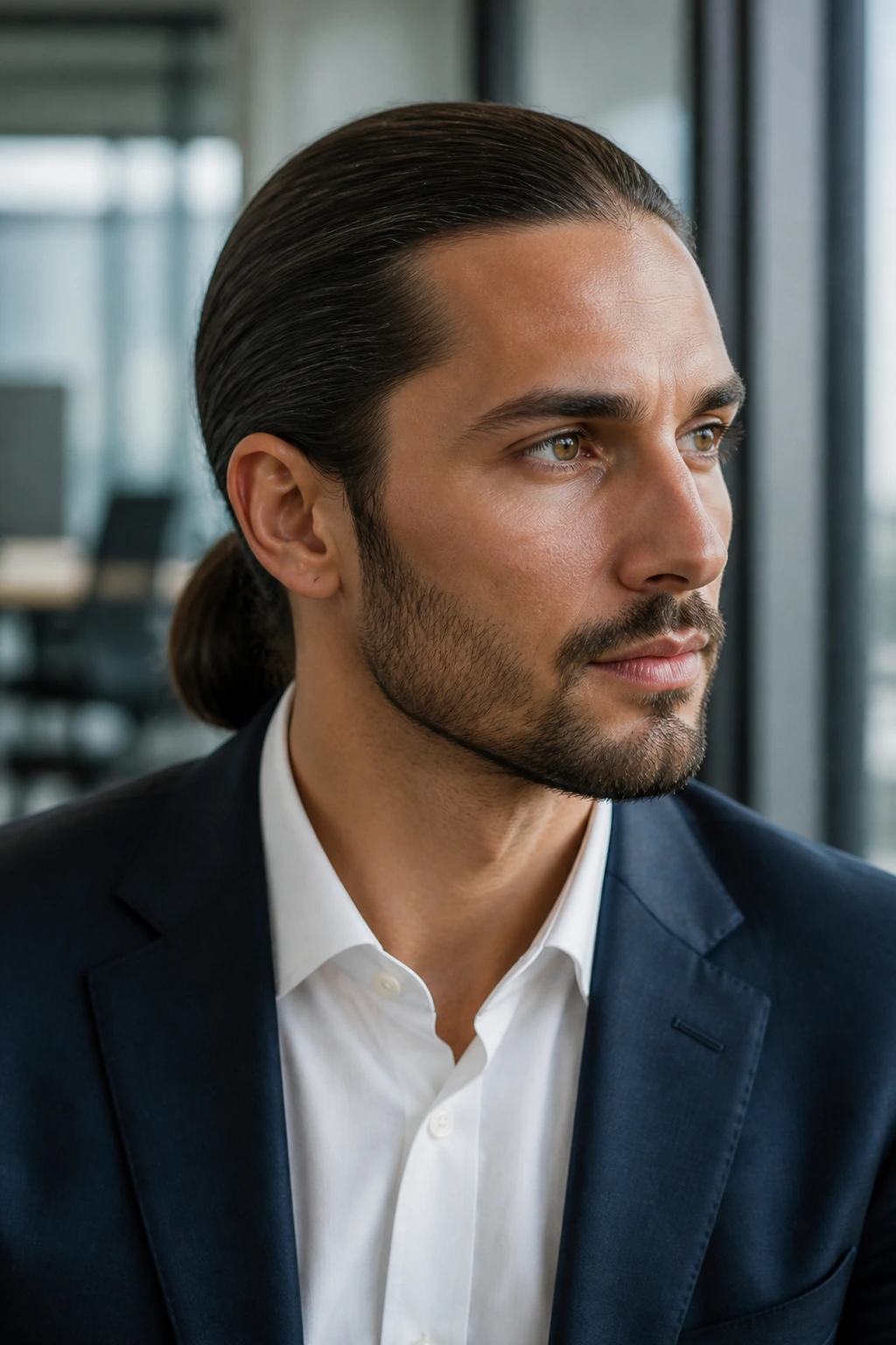 Close-up of a real man with a neat low office ponytail and clean edges