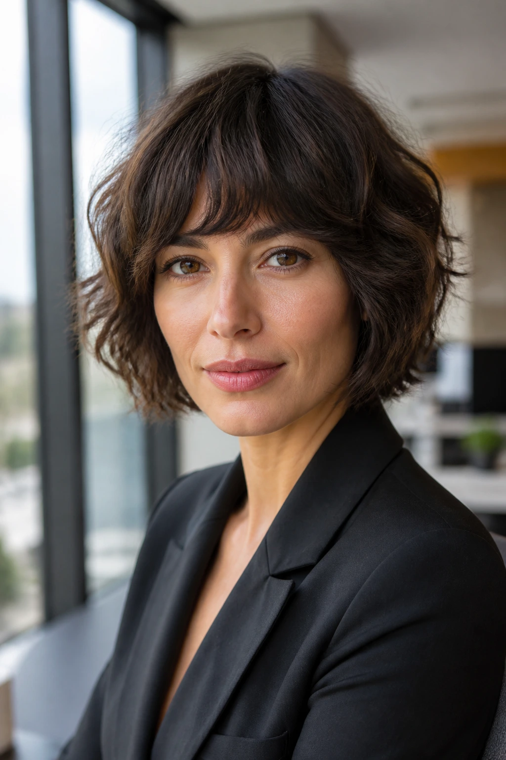 Close-up of a woman with an office-polished shaggy Italian bob