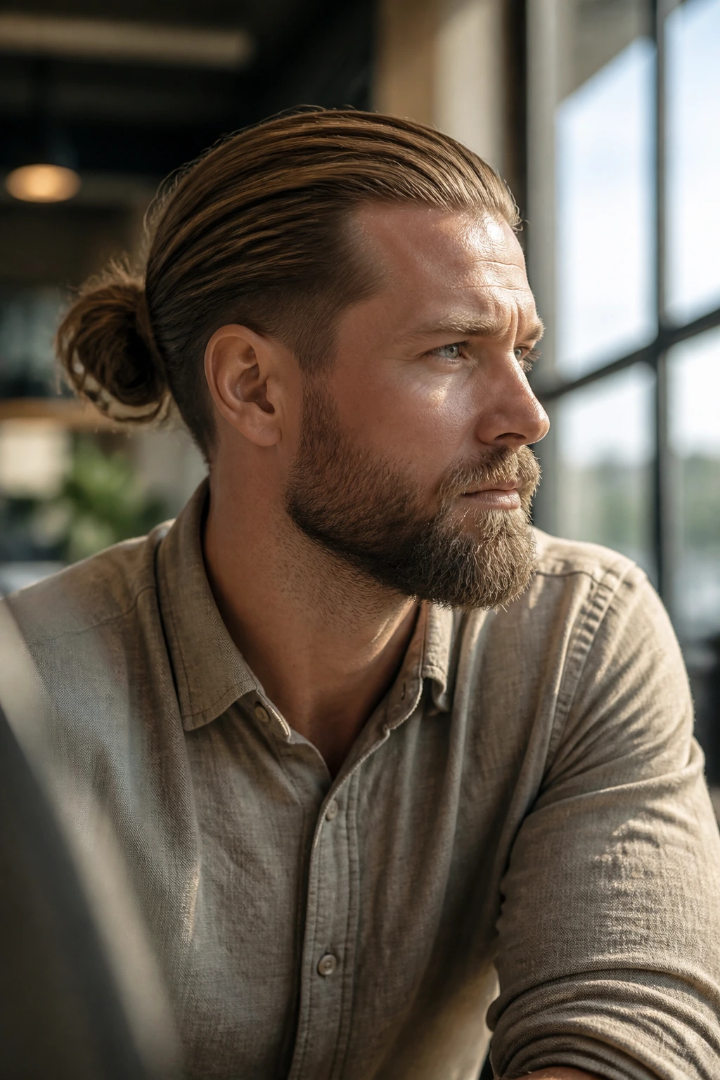 Portrait of man with Office-Quiet Viking variation showing low taper and long top