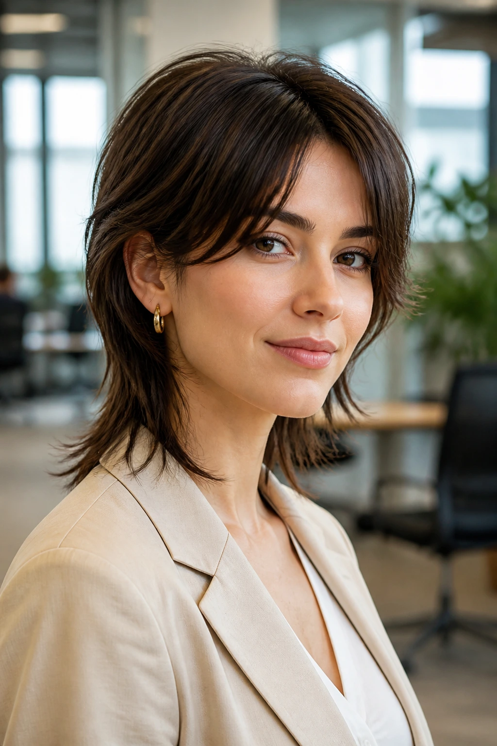 Portrait of a real woman with a neat office-ready mullet in a bright lobby