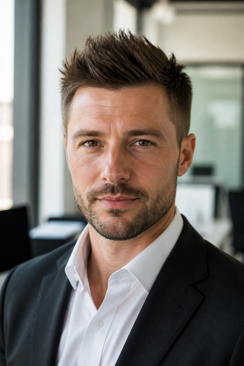 Portrait of a man with office-ready spike hairstyle in a modern office setting