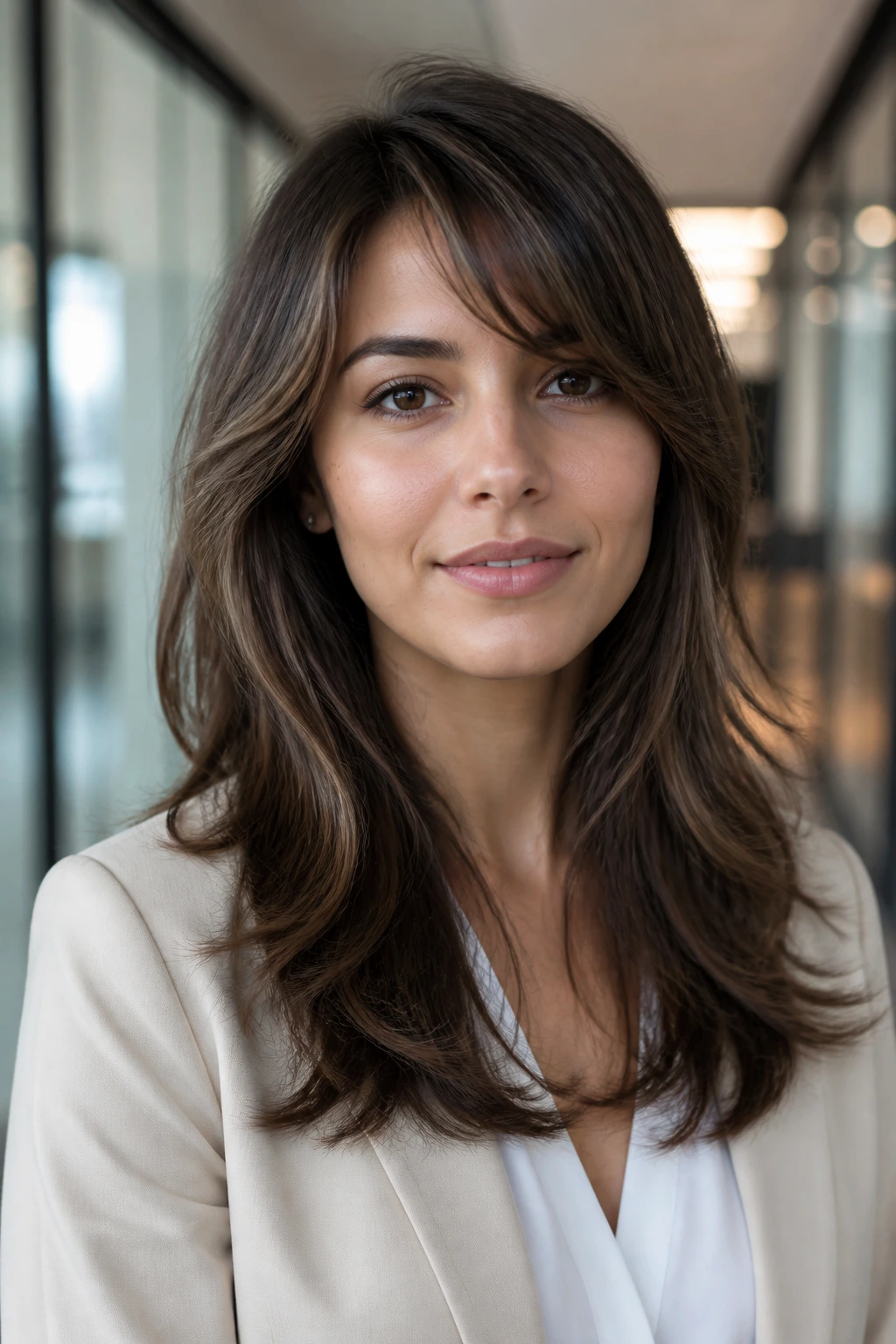 Close-up portrait of a real woman with an office-polished shag and side-swept fringe in a modern office hallway