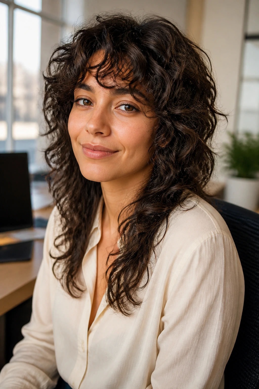 Portrait of a real person with Softer Office Shag hairstyle in an office