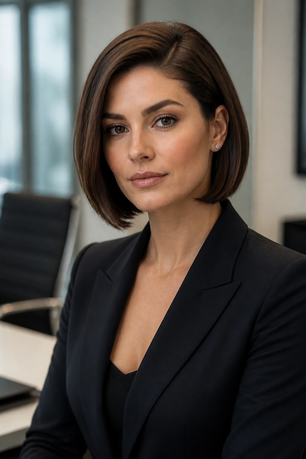 Portrait of a woman with an office-sleek bob and deep side part