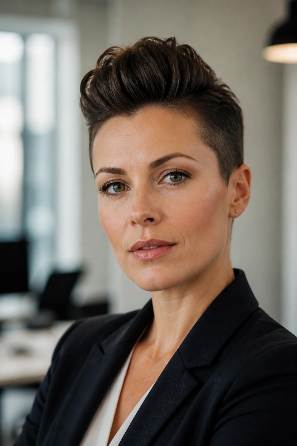 Close-up of a real woman with a sleek, office-friendly faux hawk in a blazer
