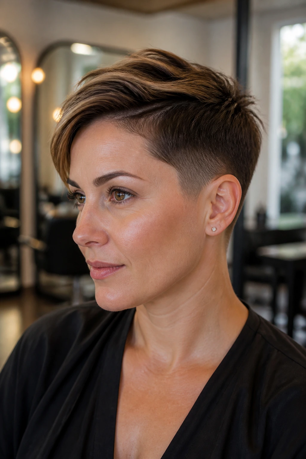 Close-up portrait of a woman with a low office-soft fade