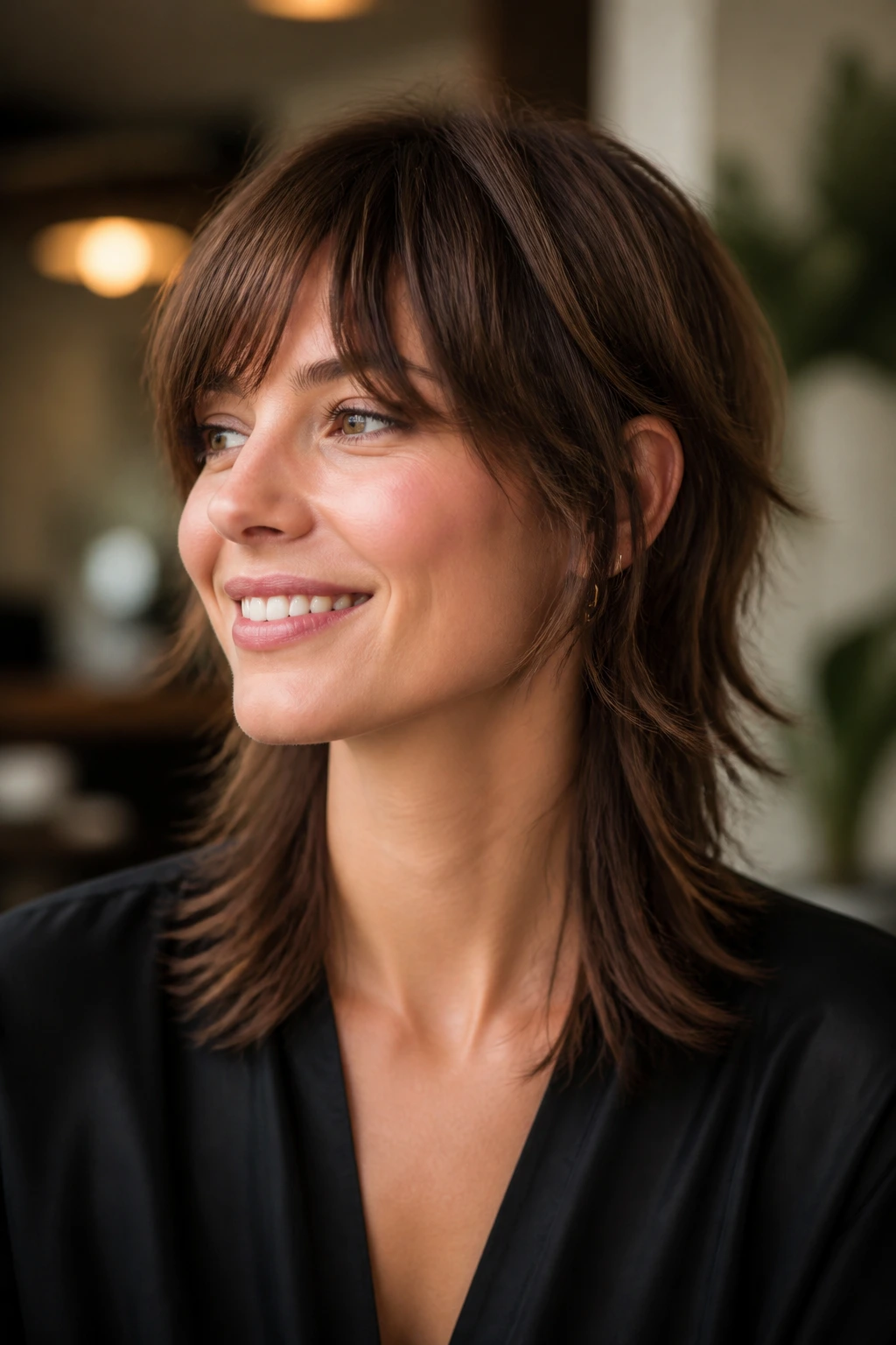 Portrait of a real woman with Office-Soft Mullet showing longer fringe and neat neckline
