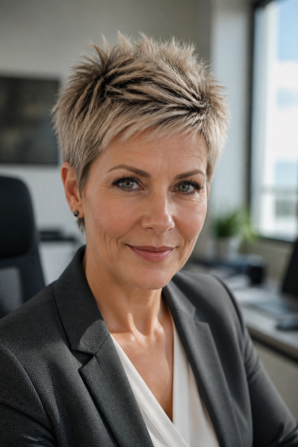 Portrait of a real woman with soft office spike hairstyle