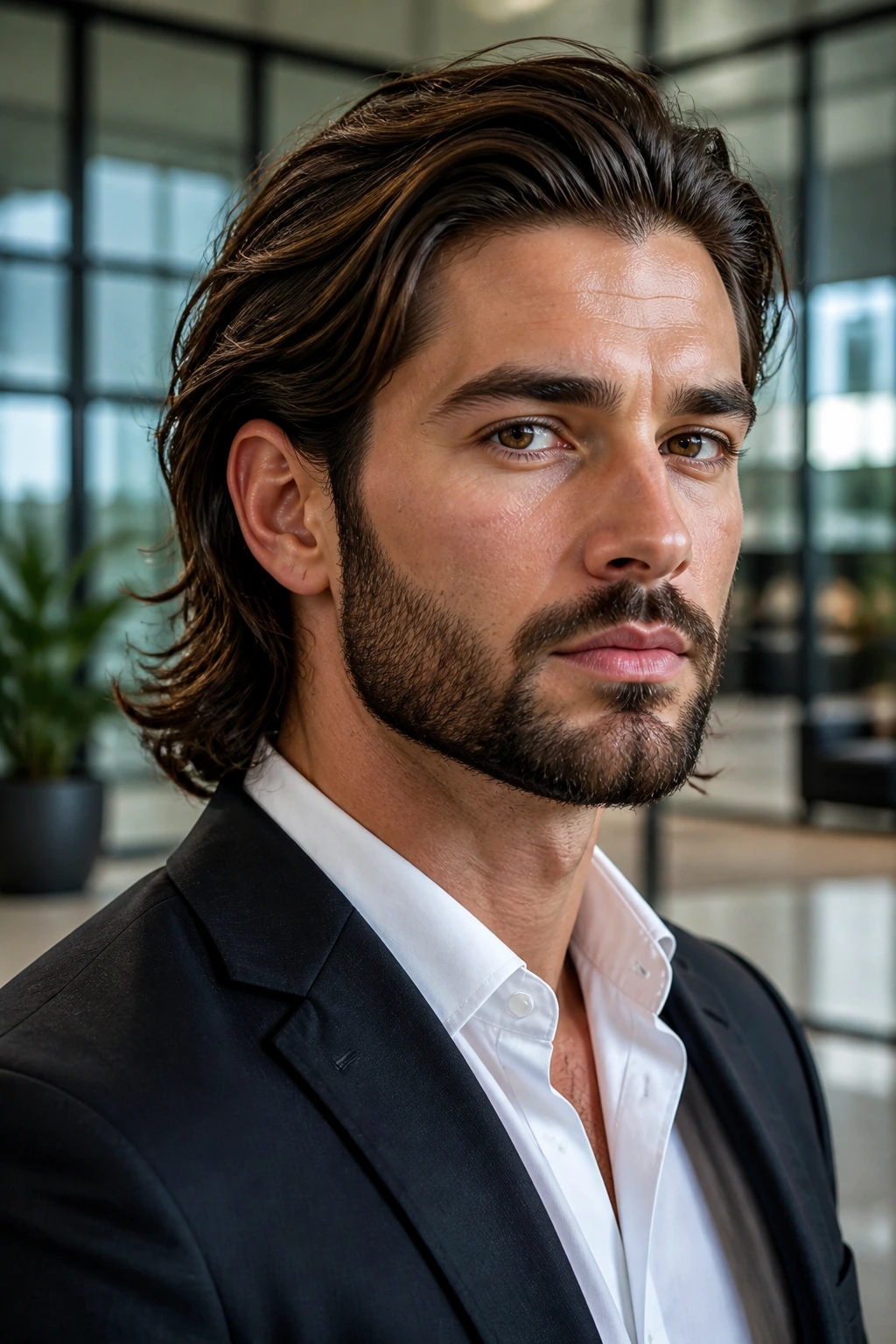 Close up of a man with an office ready taper beard in an office setting