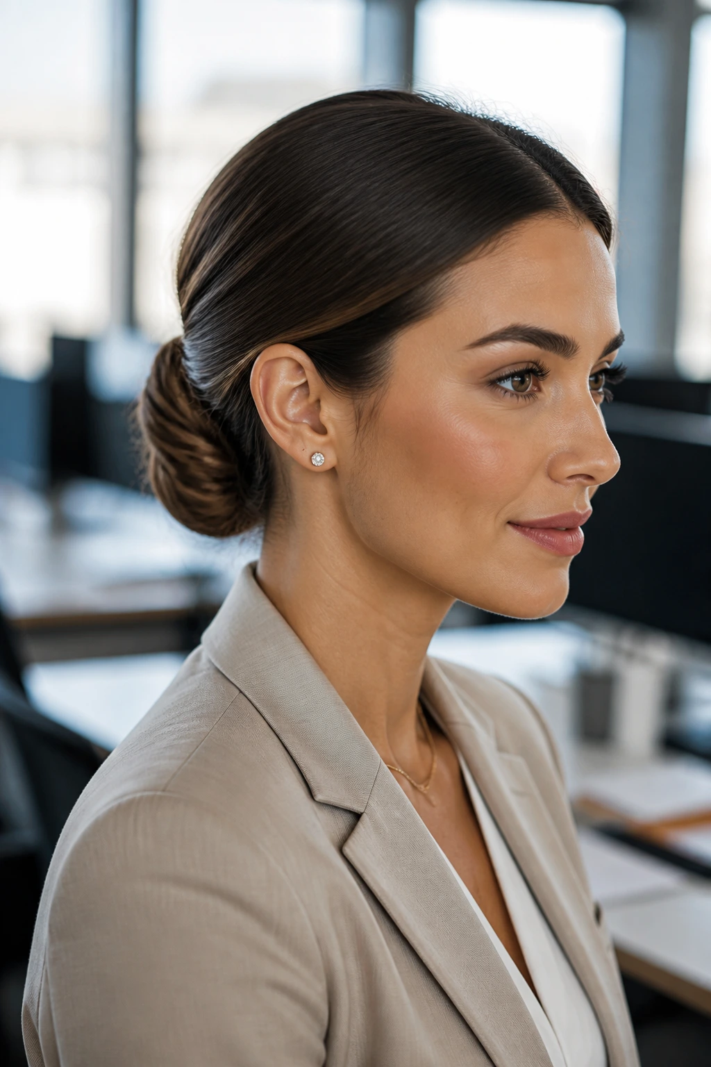 Real woman in office with a neat low chignon