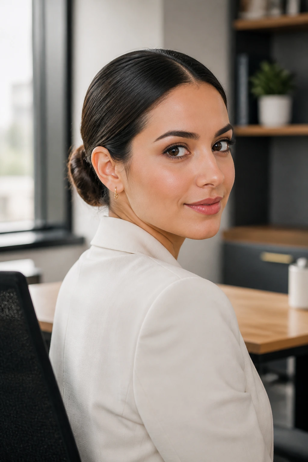 Close-up of a real woman with a polished low bun and center part in an office setting