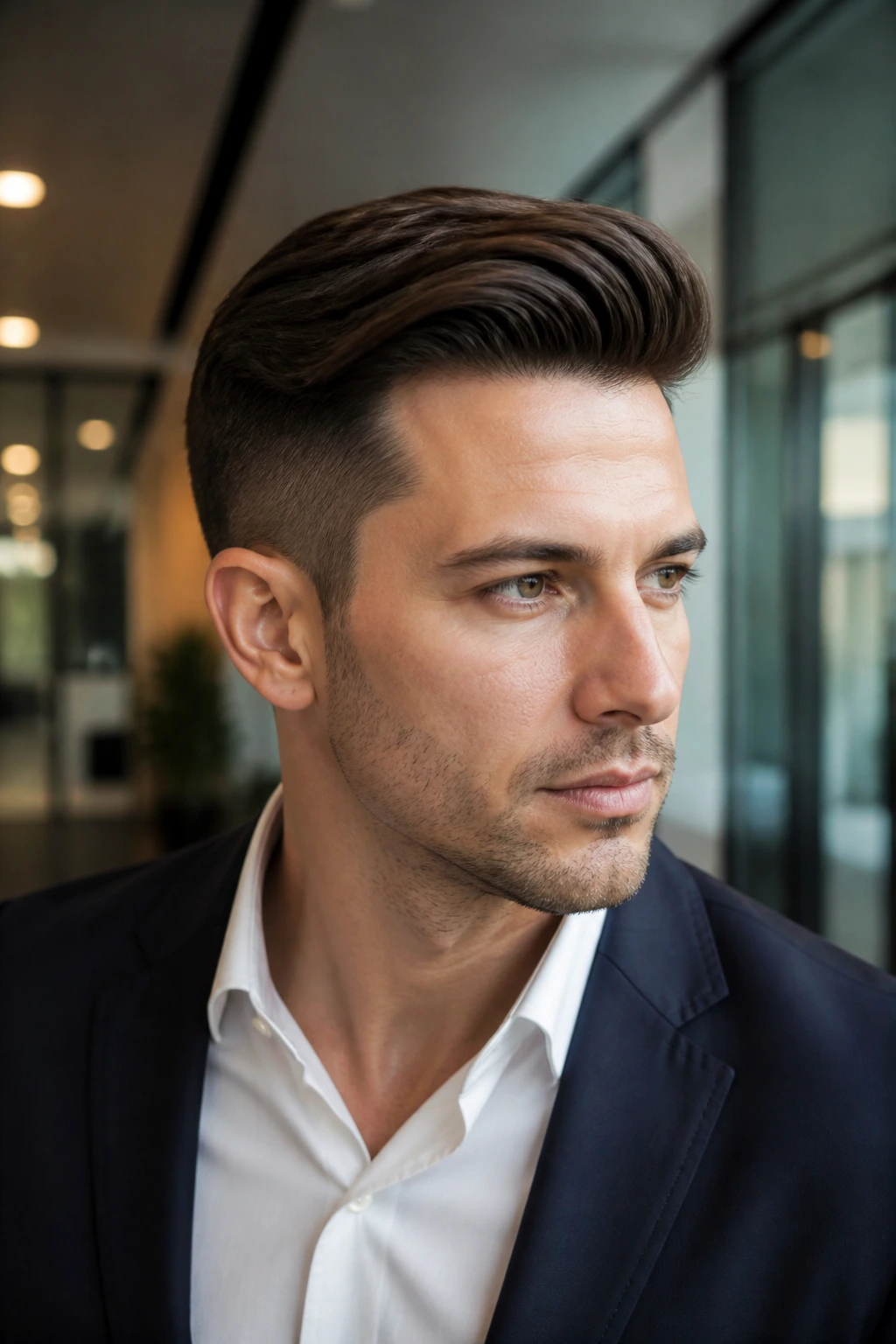 Man with soft office version haircut, tapered sides and side-swept top, in office setting.