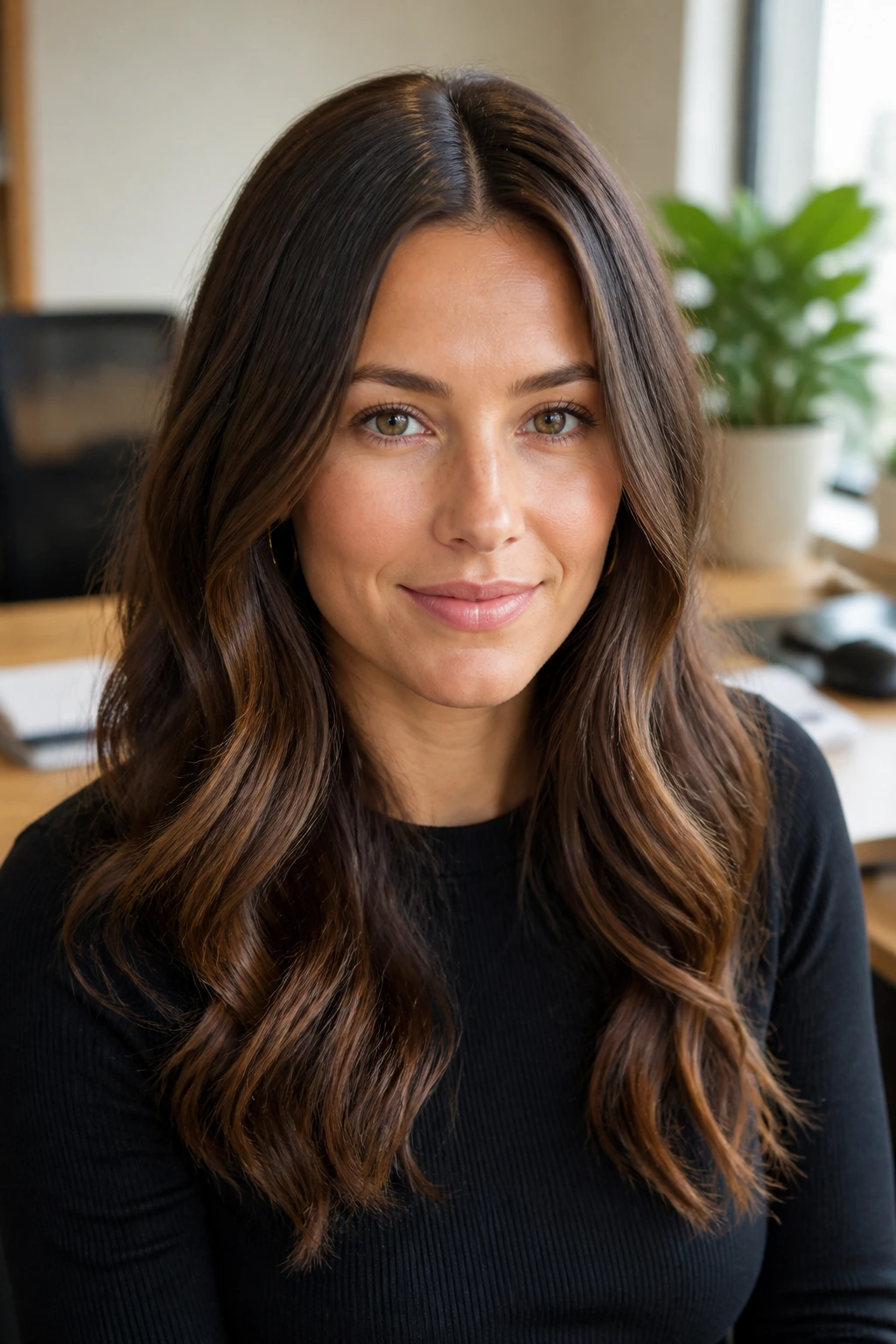 Portrait of a woman with office-friendly low-drama waves in an office