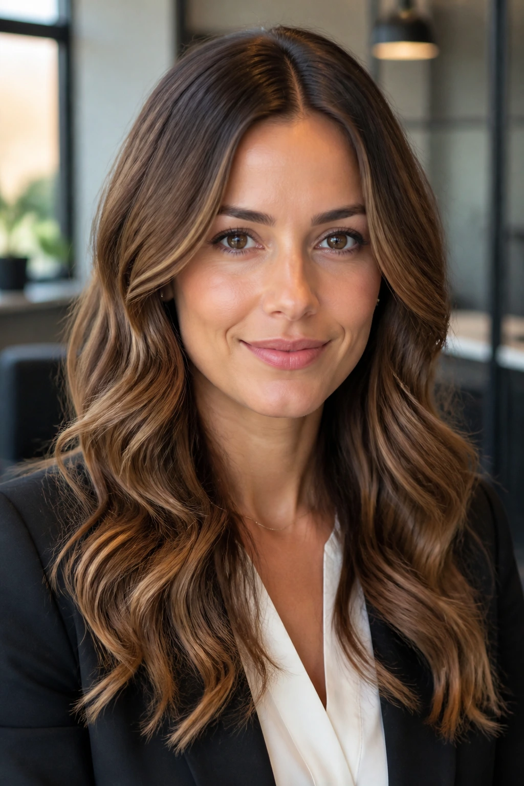 Close-up of a real woman with Polished Office Waves