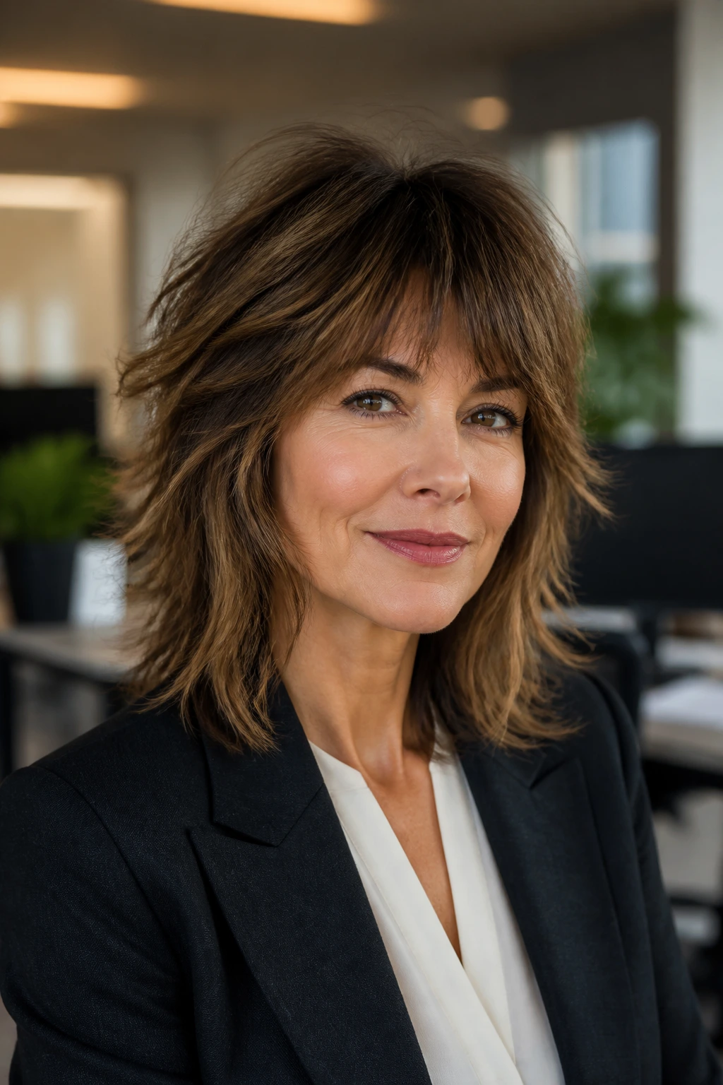 Close-up of a real person in a blazer with a polished office wolf cut in a modern office