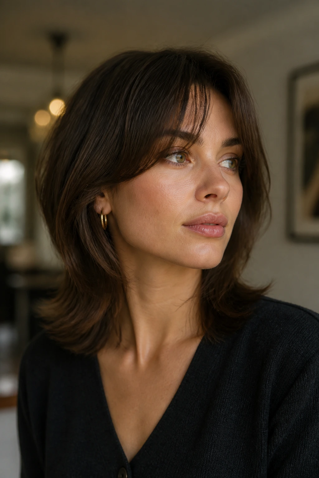 Close-up of a real woman with a soft office wolf cut showing fuller perimeter and longer fringe