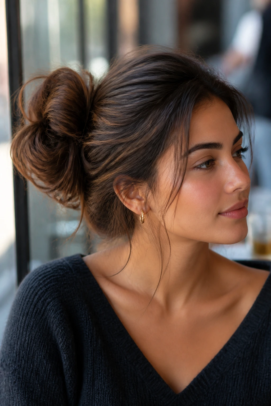 Close-up of a real woman with an off-center bun to the left side of her head.