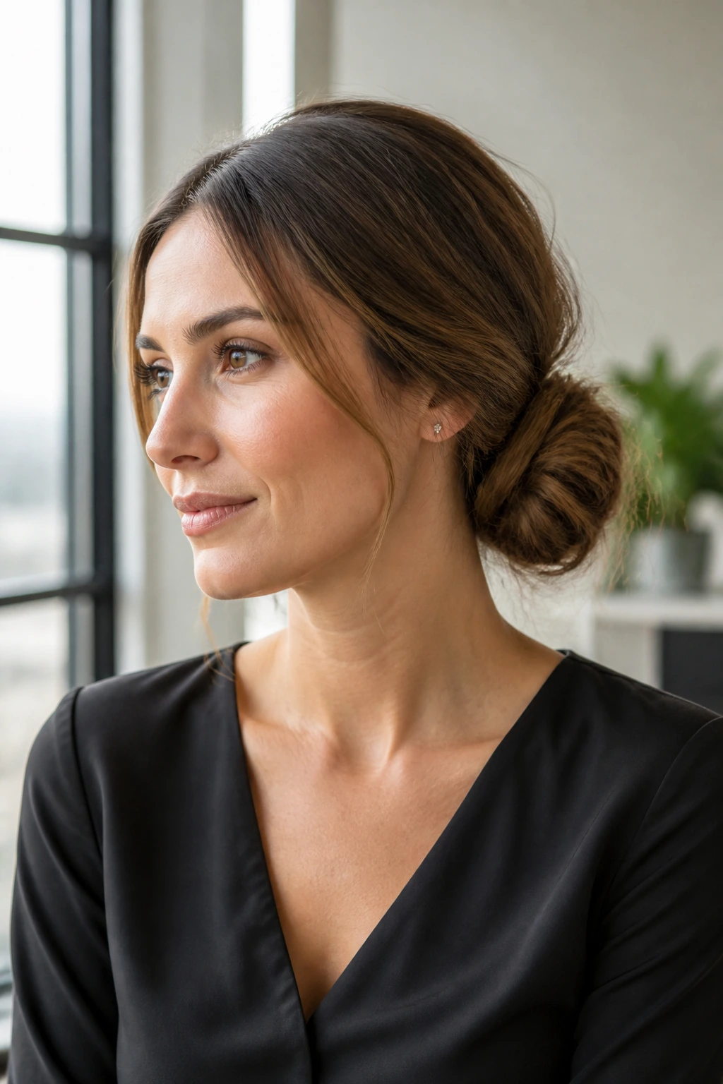 Shoulder-up portrait of woman with offset low knot