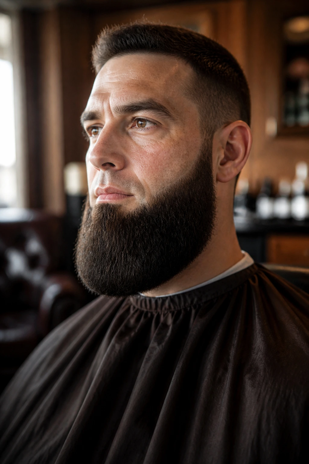 Close-up of a real man with Old Dutch Beard (no mustache) in a warm barbershop setting
