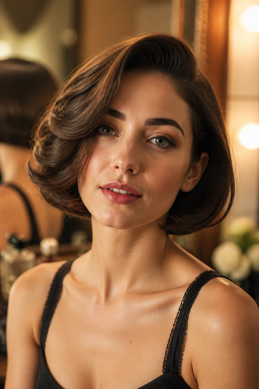 Close-up of a real woman with old-Hollywood asymmetrical bob in a vintage dressing room