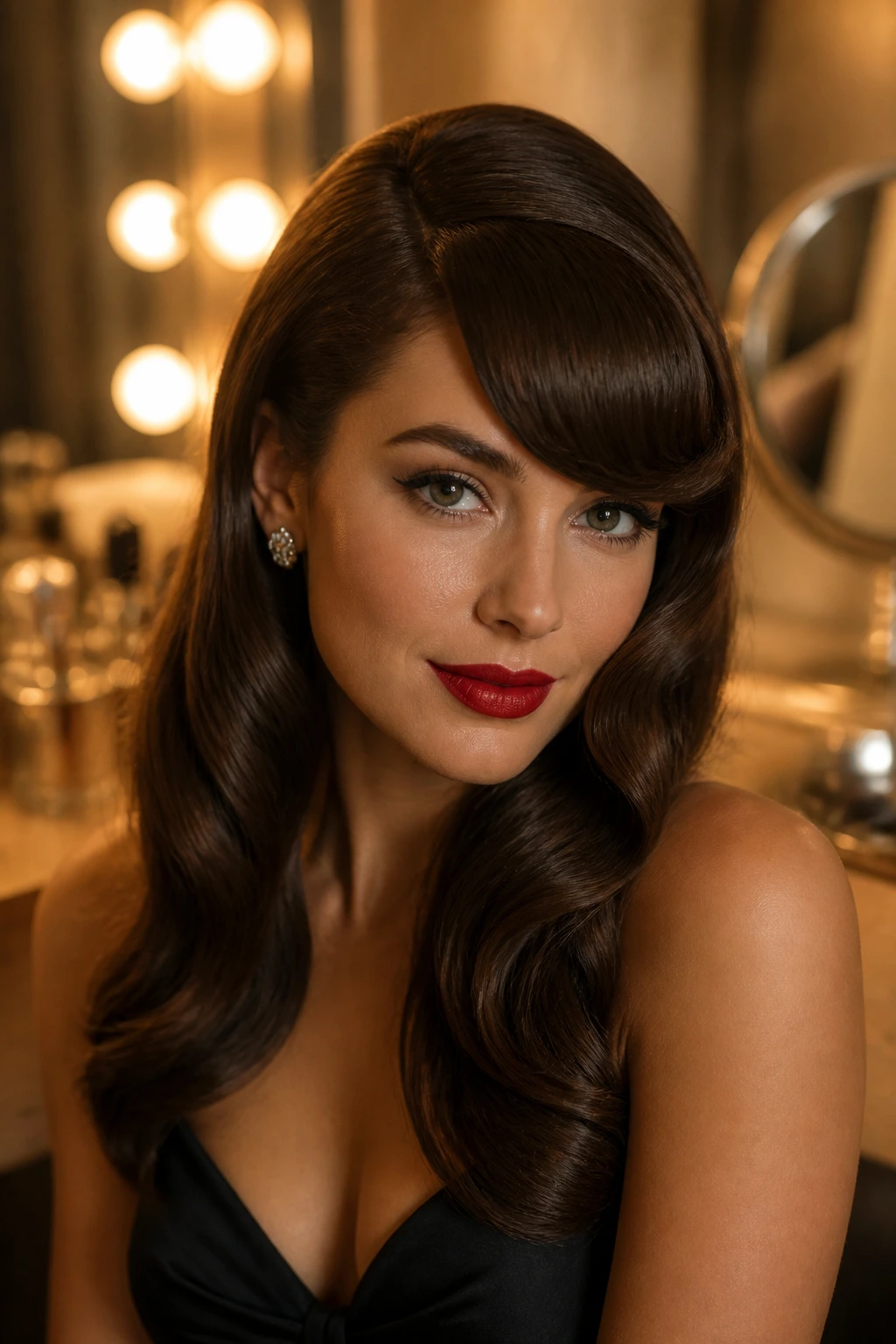Portrait of a woman with old-Hollywood swoop bangs sweeping across the forehead