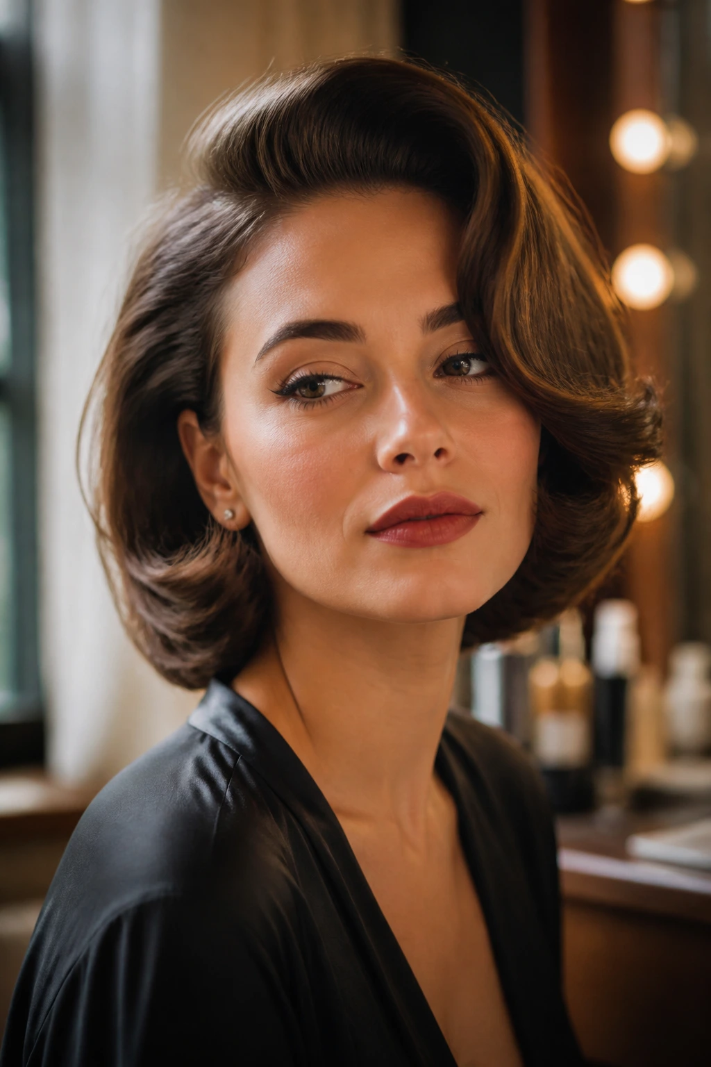 Close-up of a real woman with an Old-Hollywood Side-Sweep Bob in warm window light.