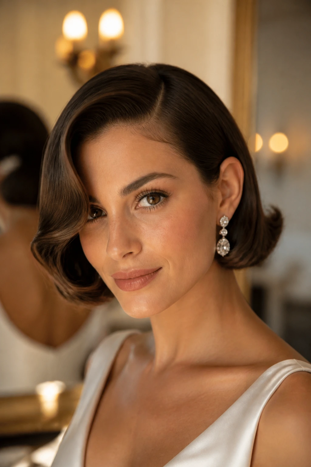 Bride with deep side-part wave bob in elegant dressing room