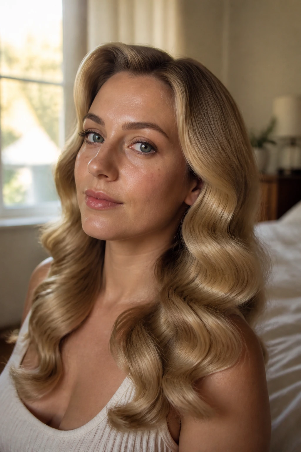 Close-up of a real woman with glossy Old Hollywood brush-out waves.